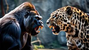 jagaur and gorilla looking at eachother